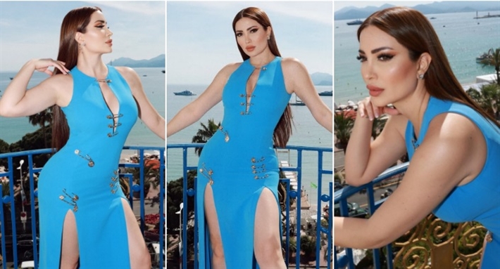 نسرين طافش بفستان صيفي باللون التركواز في مهرجان كان