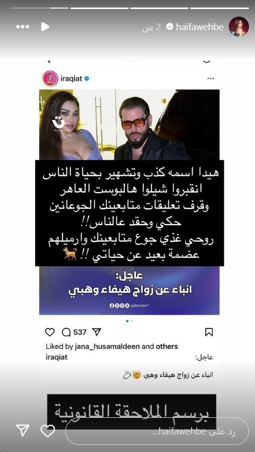 هيفاء وهبي عن شائعات زواجها: كذب وتشهير بحياة الناس وهلاحقهم قانونيًا